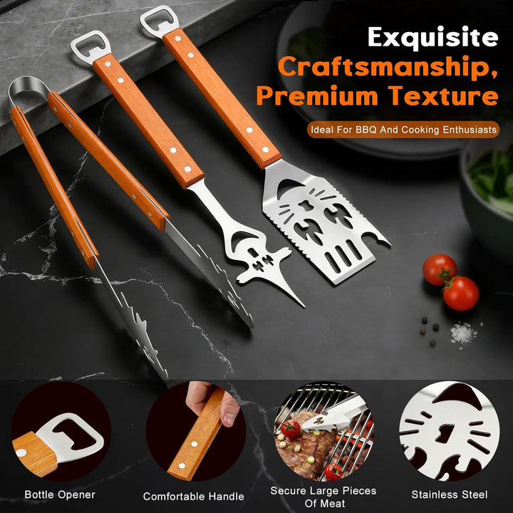BBQ Grillbesteck Set 5-TLG, Extra Langes Grillwerkzeug aus Edelstahl mit Holzgriff, Grillzange, Flei