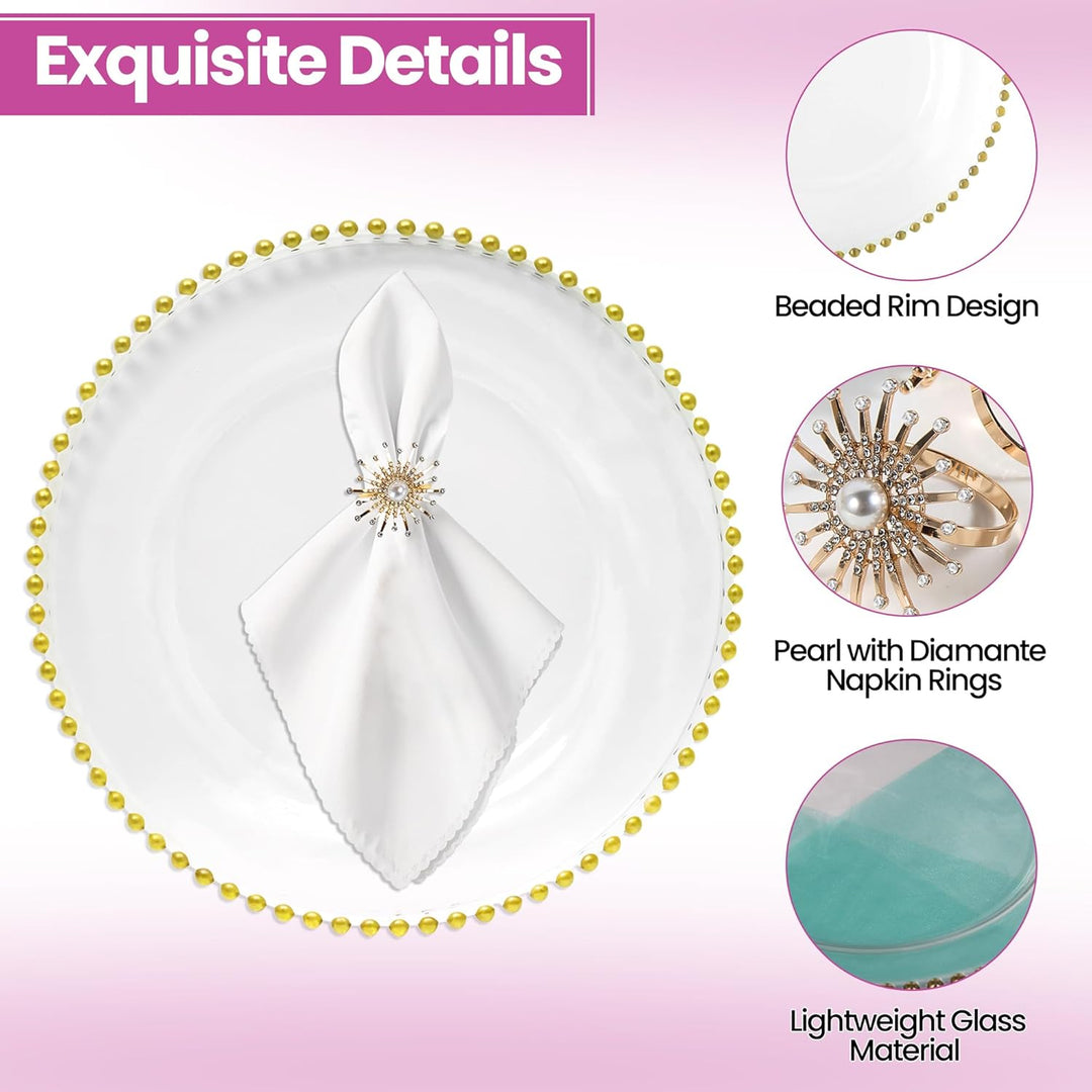 WedDecor Set mit 12 Platztellern und Serviettenringen, Tafelaufsatz aus klarem Glas mit Perlenteller