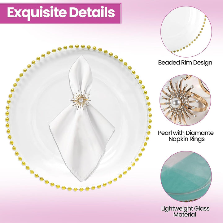 WedDecor Set mit 12 Platztellern und Serviettenringen, Tafelaufsatz aus klarem Glas mit Perlenteller