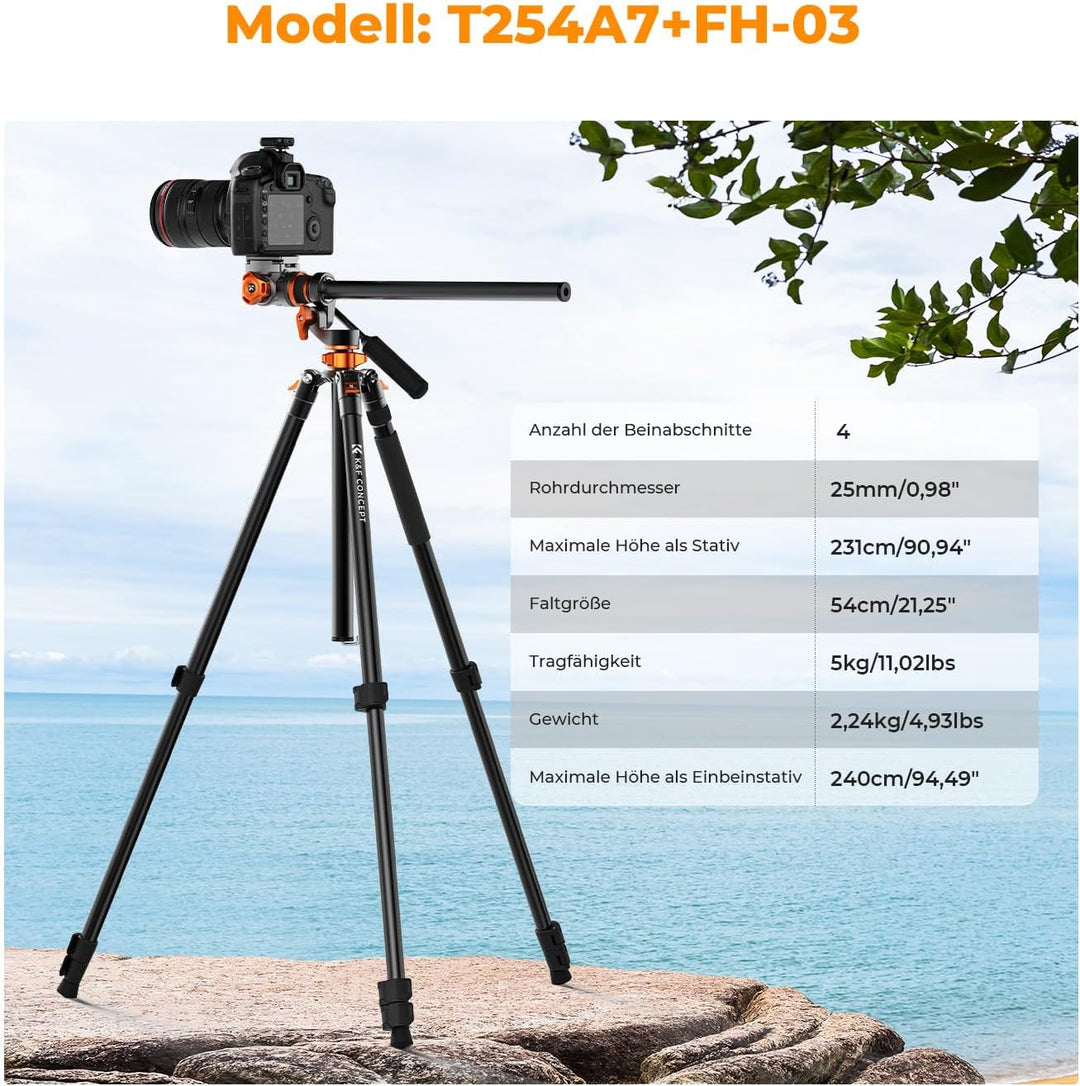 Kamera Stativ,K&F Concept Videostativ Video Tripod mit Fluidkopf,231cm Stativ mit 90° Mittelsäule un