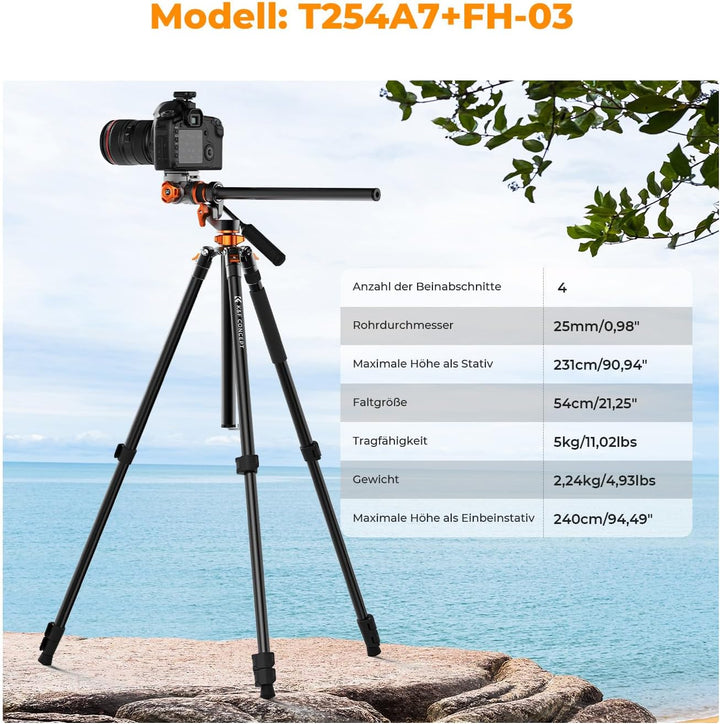 Kamera Stativ,K&F Concept Videostativ Video Tripod mit Fluidkopf,231cm Stativ mit 90° Mittelsäule un