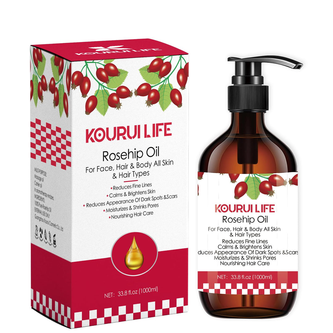 KOURUILIFE Hagebuttenöl 33.8oz(1000ml) 100% Rein Natürlich, Kaltgepresst, Unraffiniert, Vegan - Natu