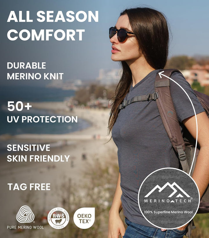 Merino.tech 100% Merino Shirt Damen Wandern - Merinowolle Tshirt Damen Kurzarm - Sport Thermo Unterh