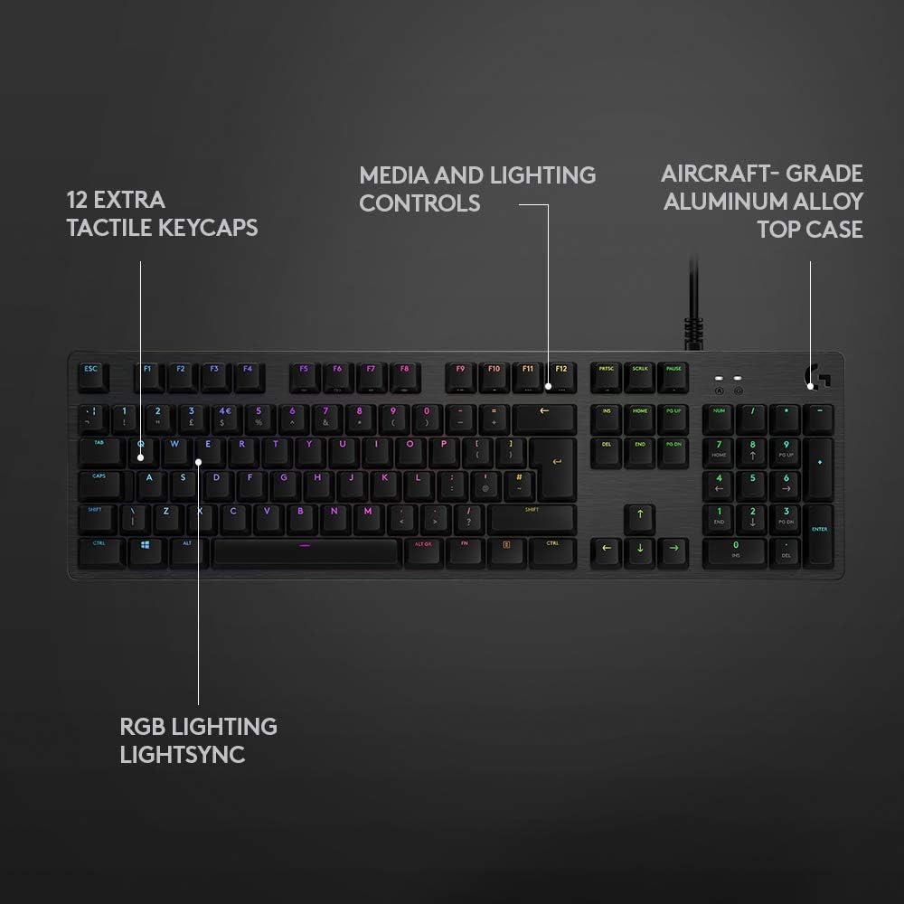Logitech G512 mechanische Gaming-Tastatur, GX-Blue Clicky Switches, LIGHTSYNC RGB-Beleuchtung, USB-D