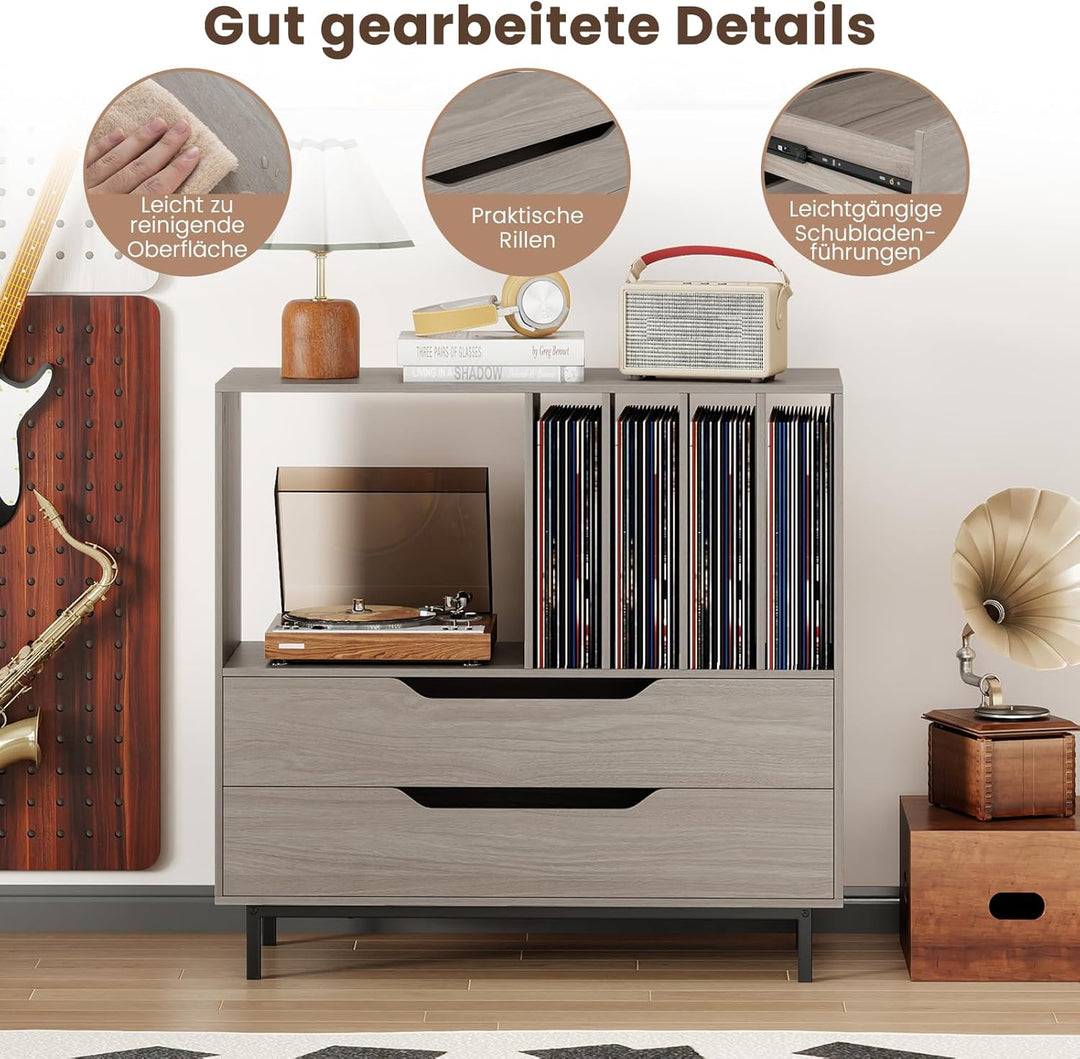 COSTWAY Plattenspielerständer, Mittelalter Plattenspielertisch mit offenem Fach, 4 Vinyl-Fächern & 2
