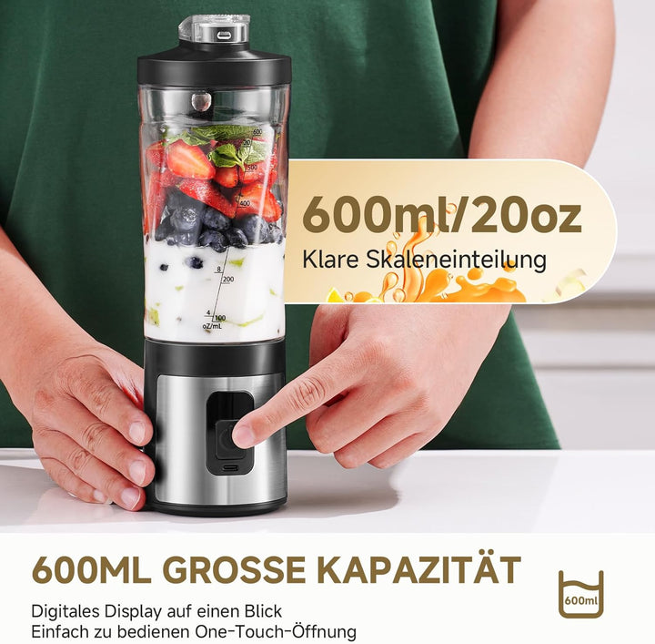 AMZCHEF Tragbarer Mixer 600ml - Smoothie Maker mit 6 Klingen,120W Motor Mixer to Go, 6000mAh -15 Zyk