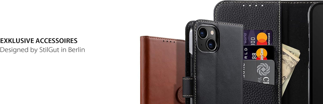 STILGUT Talis kompatibel mit iPhone 14 Plus (6.7") Hülle mit Kartenfach aus Leder, Flip Cover, Handy