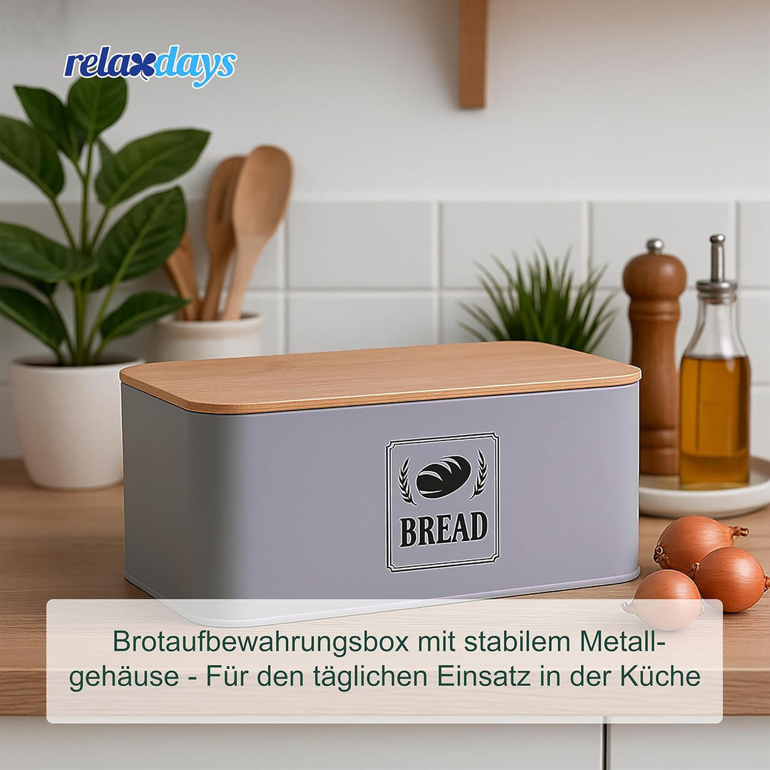 Relaxdays Brotkasten, Bambusdeckel, Metall, HxBxT: 13,5 x 33 x 19 cm, Retro Brotaufbewahrungsbox, Br