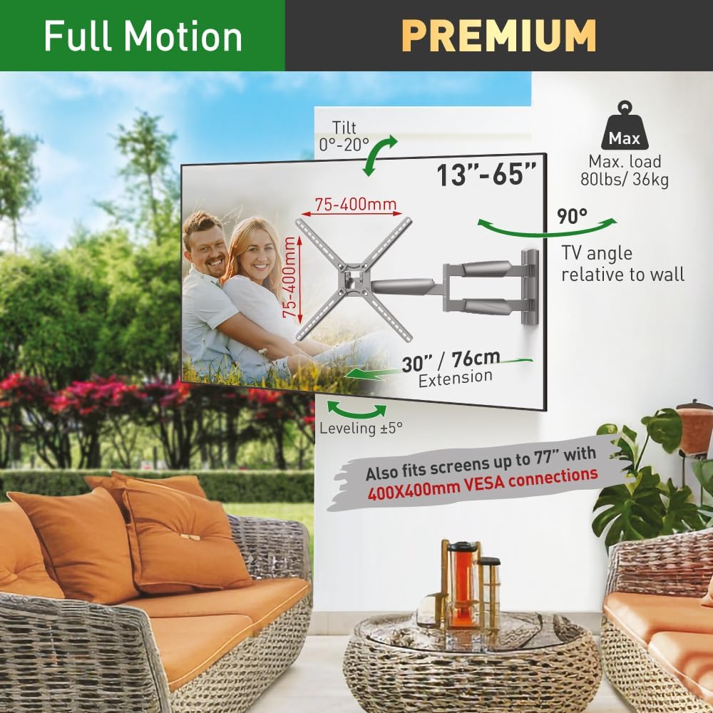 Barkan 76cm Lange Draussen TV Wandhalterung, 13-65 Zoll Schwenkbar/Neigbar/Vollbewegung TV Halterung
