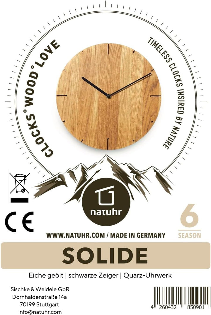 Natuhr Wanduhr Eiche geölt Holz Solide Massivholz, geräuscharmes U.T.S. Uhrwerk, puristisch, modern,