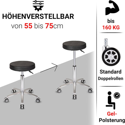 Staboos Rollhocker bis 160 kg - Gel-Polster Sitz rund - Praxishocker mit Rollen - Drehhocker höhenve