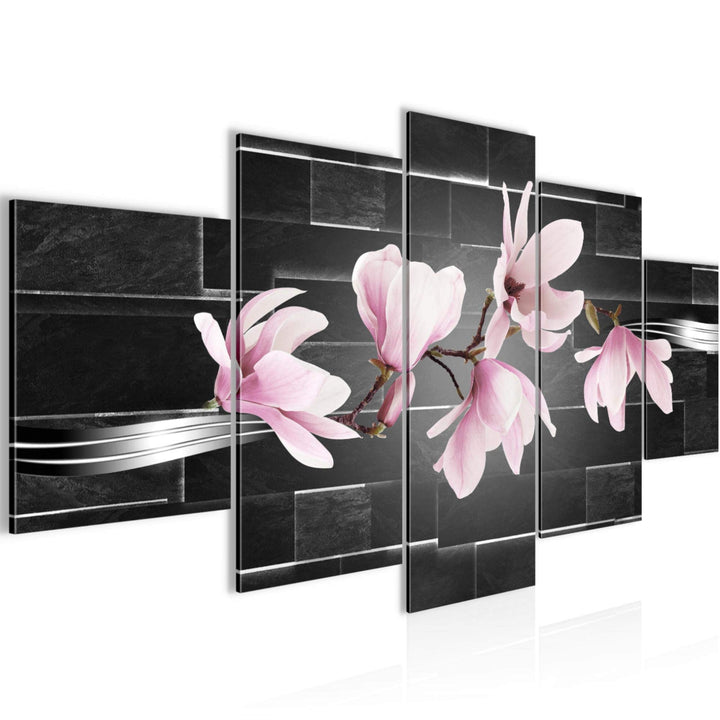 Runa Art Wandbilder Blumen Magnolien 5 Teilig Bild auf Vlies Leinwand Deko Wohnzimmer Ziegel Schwarz