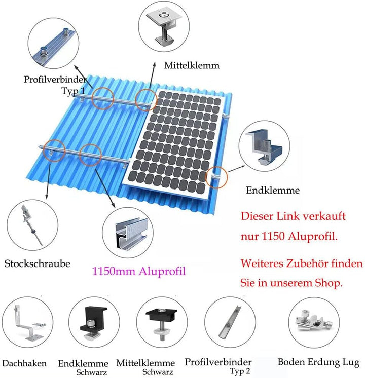 4 Stück 1150mm Aluprofil Photovoltaik Montageschiene Solarprofil Solarschiene