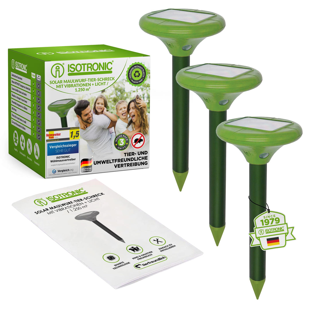 ISOTRONIC Solar LED Maulwurfabwehr Vibrasonic mit Vibrationsmotor 3er Set solarbetrieben Wühlmausfre