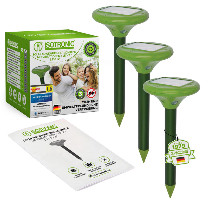 ISOTRONIC Solar LED Maulwurfabwehr Vibrasonic mit Vibrationsmotor 3er Set solarbetrieben Wühlmausfre