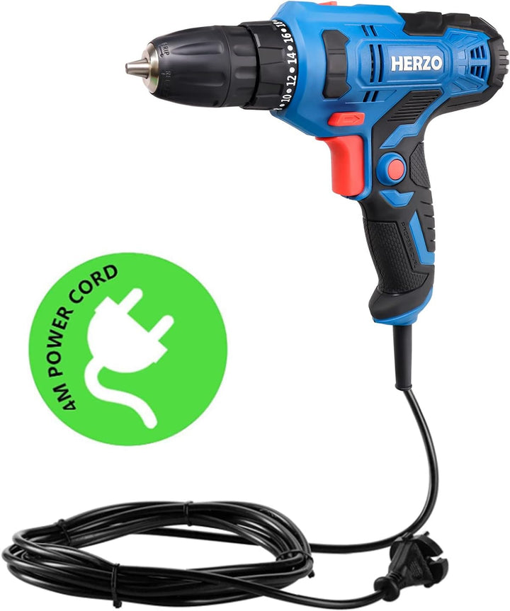 HERZO Elektro Bohrschrauber 300W,Speed 20 + 1 Drehmomentstufen with 4M Cable, great for everyday dri
