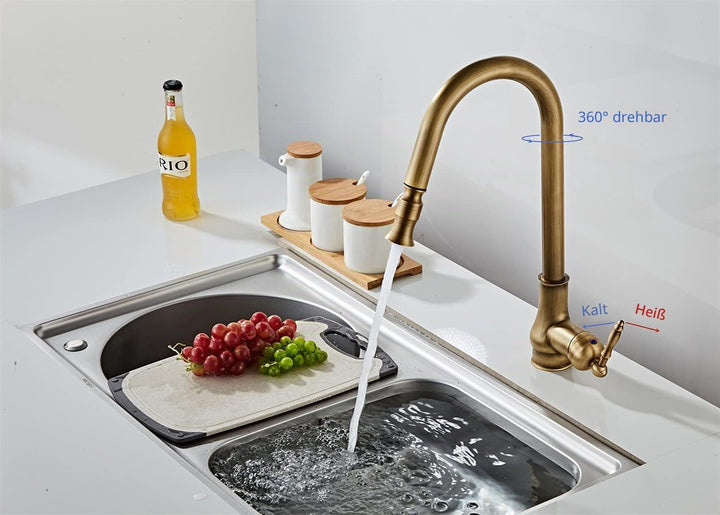 NIUKO Retro Küchenarmatur Ausziehbar, Wasserhahn Küche Messing Antik, Einhebel 360°Drehbar Spültisch