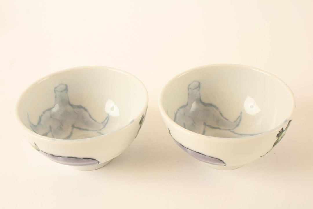 Mino ware Eierpflanze, japanische Keramik, Reisschalen, Gemüsemuster, hergestellt in Japan, 2 Stück