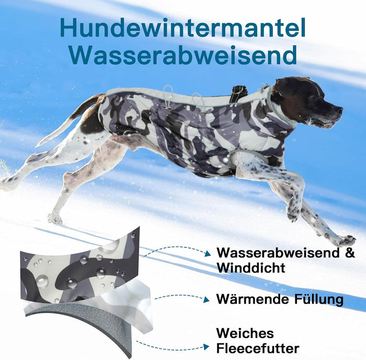 Hunde Wintermantel Wasserbeständig, Verstellbarer Halsausschnitt, Hundemantel mit Geschirr und Durch