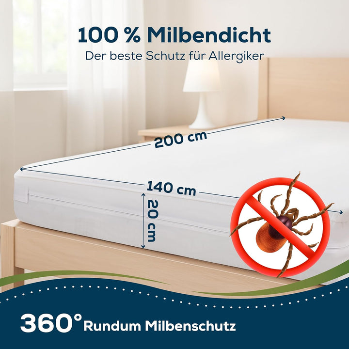 Sensalou Matratzenschoner 140 x 200 x 20 cm Wasserdicht und Milbendicht als Rundumbezug gegen Milben