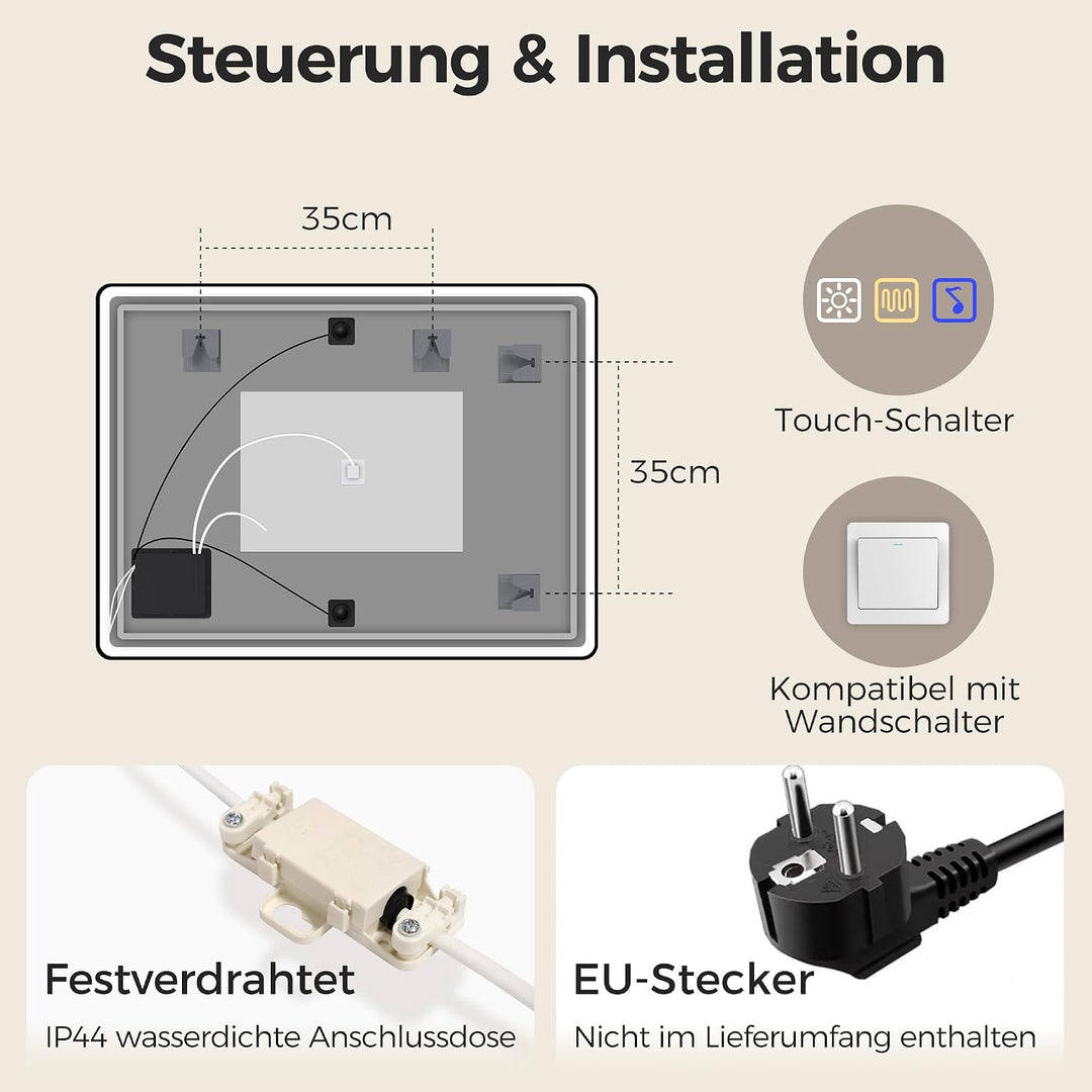 STARLEAD 80x60cm Schwarz LED-Badezimmerspiegel-mit-Beleuchtung und Bluetooth, Entfoggen, Dimmbar, 3