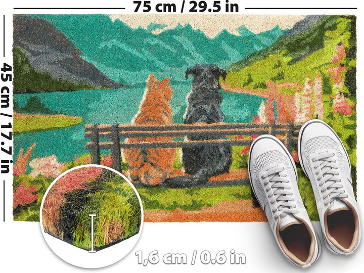 BRUBAKER Fussmatte für Aussen und Innen - Hund und Katze auf Bank vor Bergsee mit Blumen - 45 x 75 c