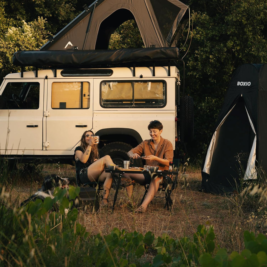BOXIO - Table: Klappbarer Campingtisch 88x40 wetterfest stabil &amp; faltbar höhenverstellbarer Outdoor