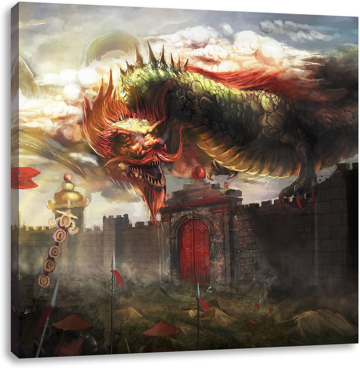Pixxprint chinesischer Drache über der Festung, Format: 70x70 auf Leinwand, 70x70