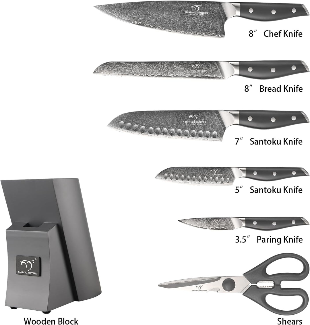 NANFANG BROTHERS Damascus Kitchen Knife Set 7 Piece with Block, Non-Slip ABS Handle, Ultra Sharp Sta