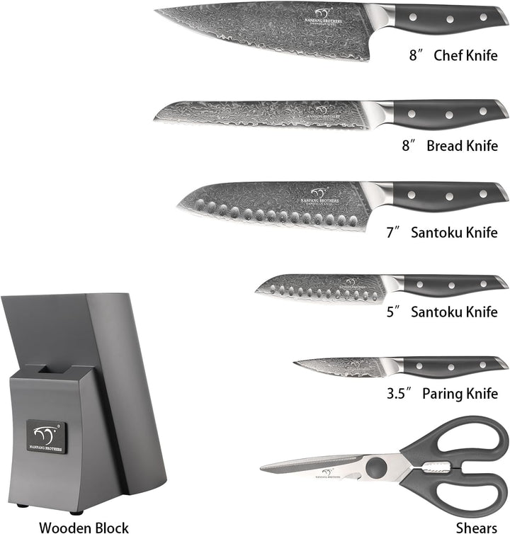 NANFANG BROTHERS Damascus Kitchen Knife Set 7 Piece with Block, Non-Slip ABS Handle, Ultra Sharp Sta