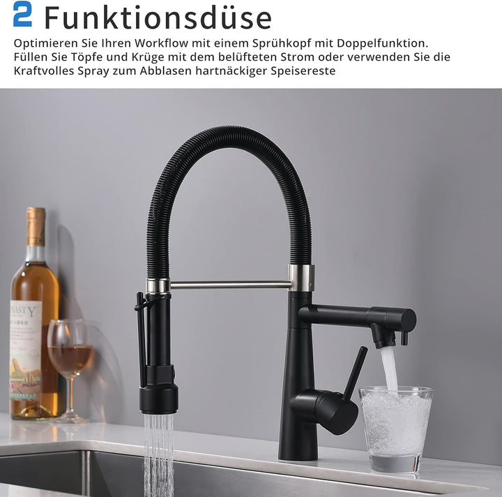 TIMACO Wasserhahn Küche Schwarz mit Schloss Brause Ausziehbar - 360° Schwenkbarz- Pull-Down-Spray -