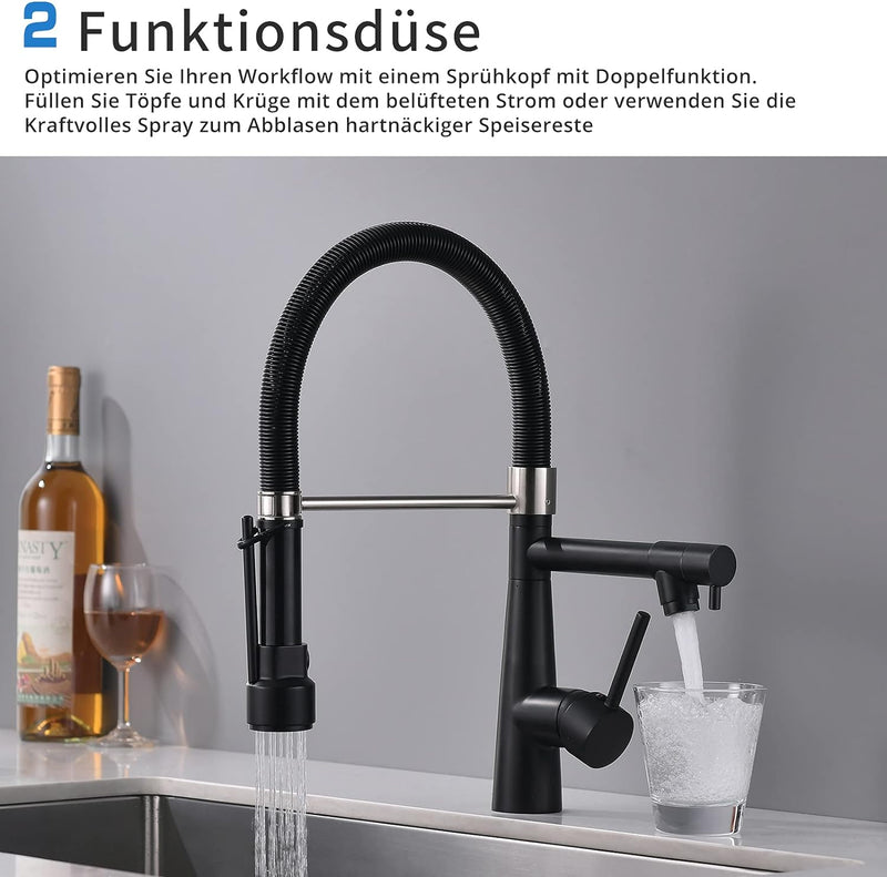 TIMACO Wasserhahn Küche Schwarz mit Schloss Brause Ausziehbar - 360° Schwenkbarz- Pull-Down-Spray -