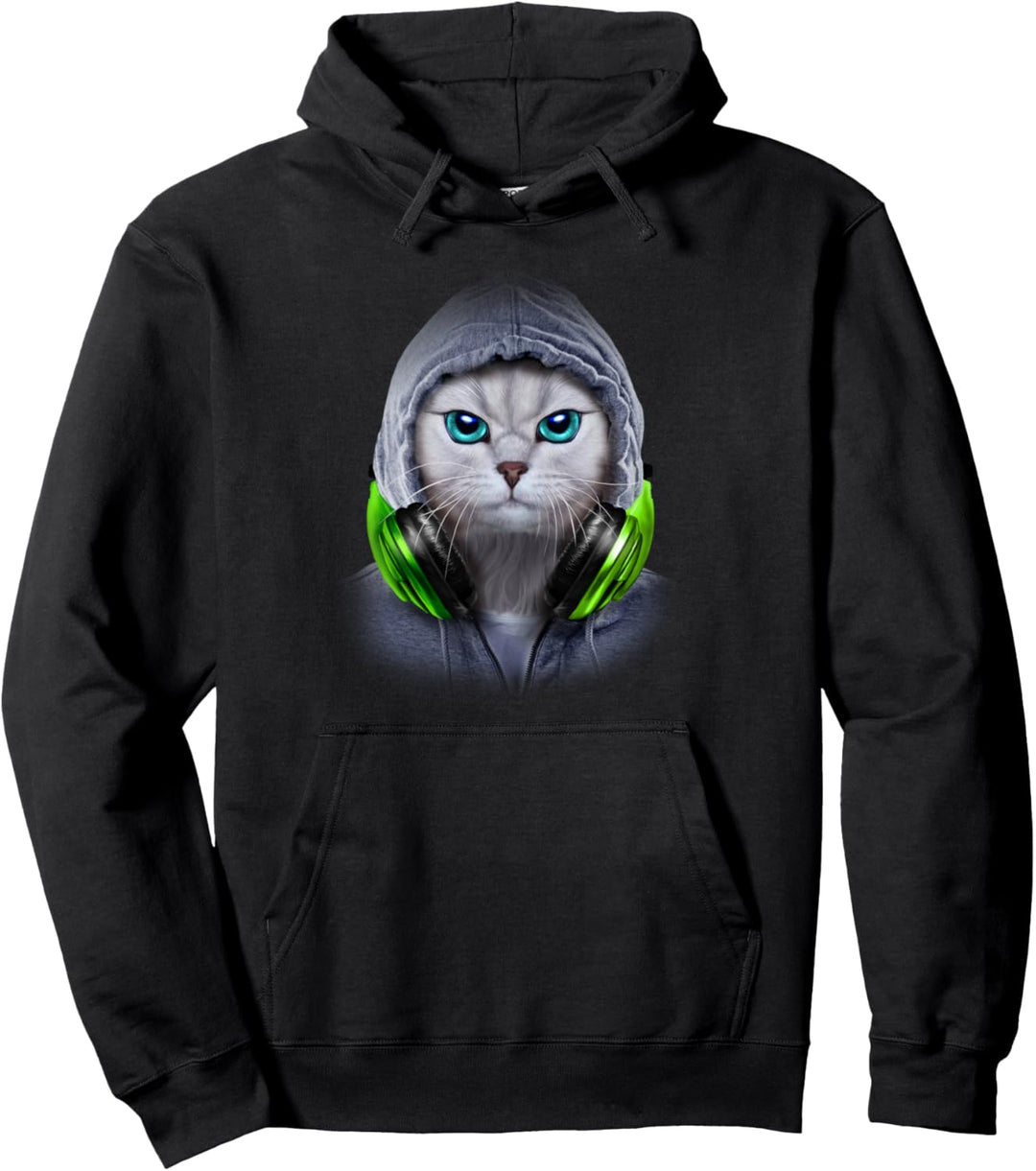 Weisse Katze in einem grauen Kapuzenpulli und Kopfhörern Pullover Hoodie