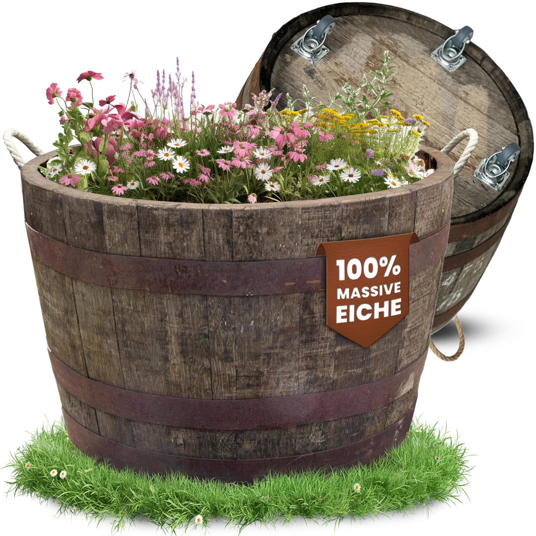 Temesso Halbes Fass rund aus einem original schottischen Whiskyfass (Natur - mit Schlaufen und Rolle