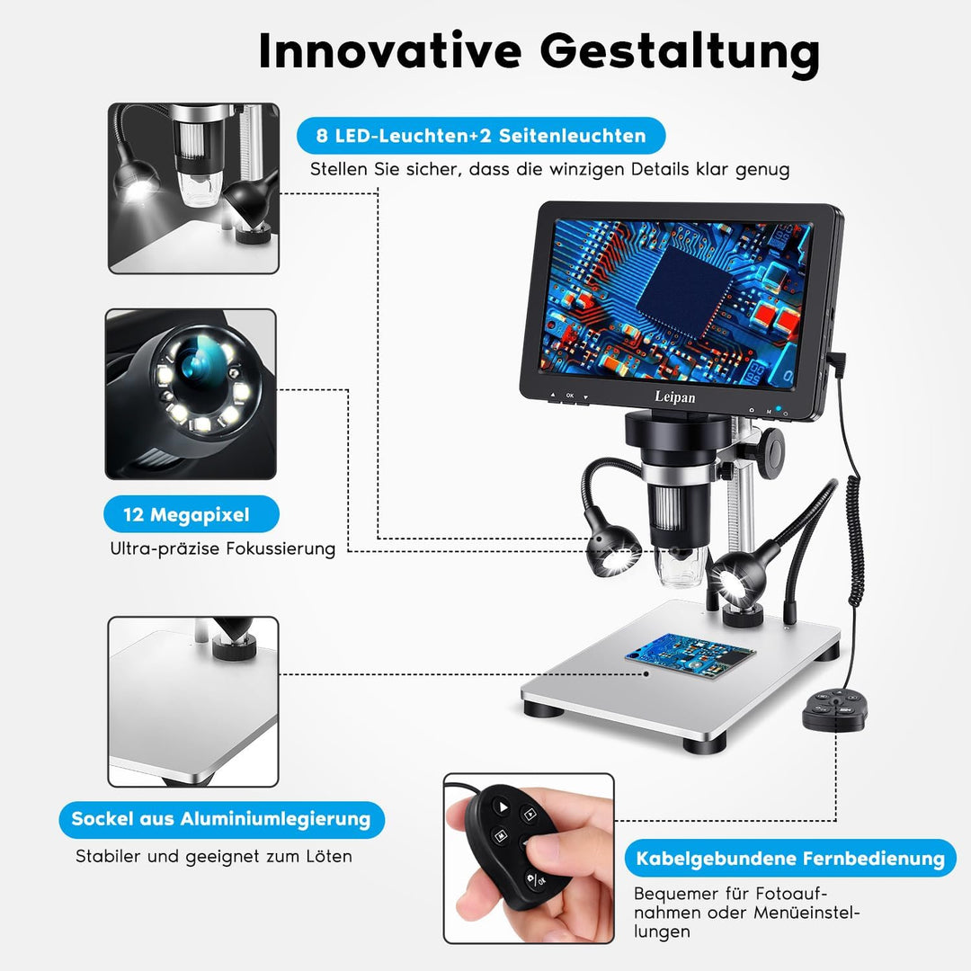 Leipan 7" LCD Digital Mikroskop, 1200X, 12MP, 1080P Video, 12 Objektträger, kabelgebundene Fernbedie