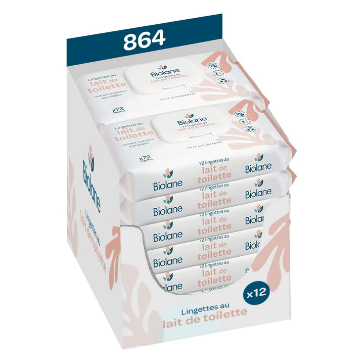 BIOLANE - 12 Packungen – Babytücher mit Toilettenmilch – Baby – 864 Babytücher – reinigt und spendet