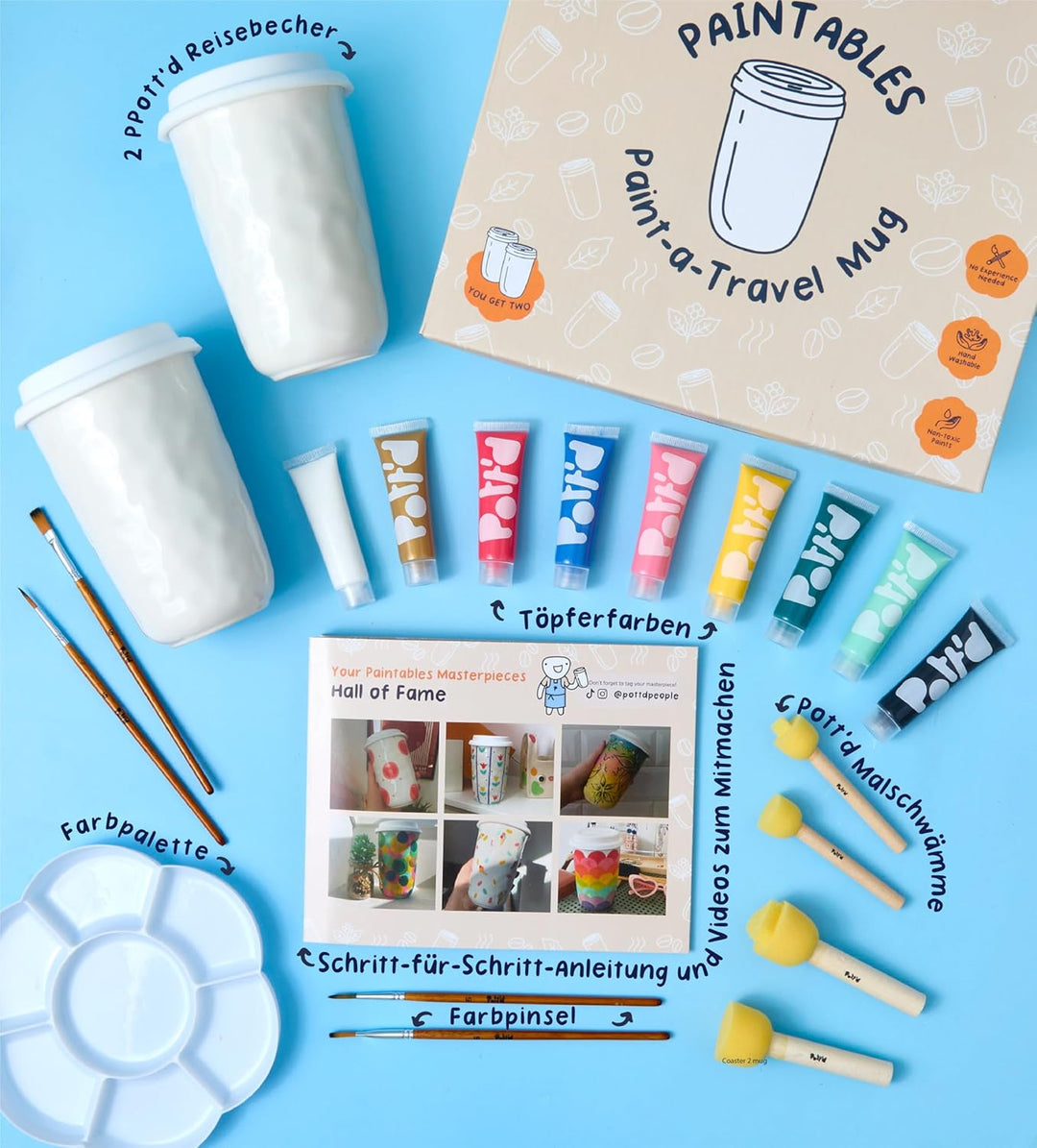 Pott’d Paintables Reisebecher zum Bemalen – DIY Keramik-Bemalen-Set für Erwachsene mit Reisebecher,