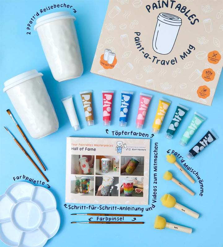 Pott’d Paintables Reisebecher zum Bemalen – DIY Keramik-Bemalen-Set für Erwachsene mit Reisebecher,