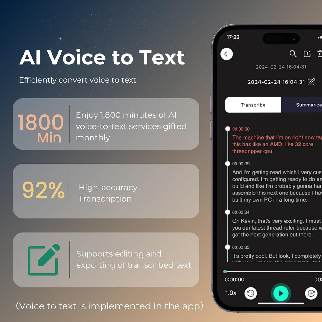 Diktiergerät mit APP für KI-Voice-to-Text-Transkription, GPT-4o-Zusammenfassung, Mind Mapping, 64 GB