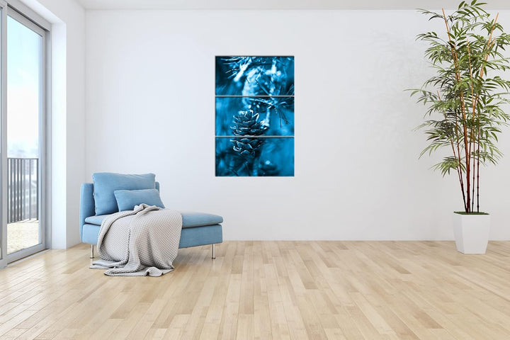 deyoli Tannenzapfen am Ast Format 120x80 3Teilig Effekt: Monocrome Blau als Leinwandbild, Motiv fert
