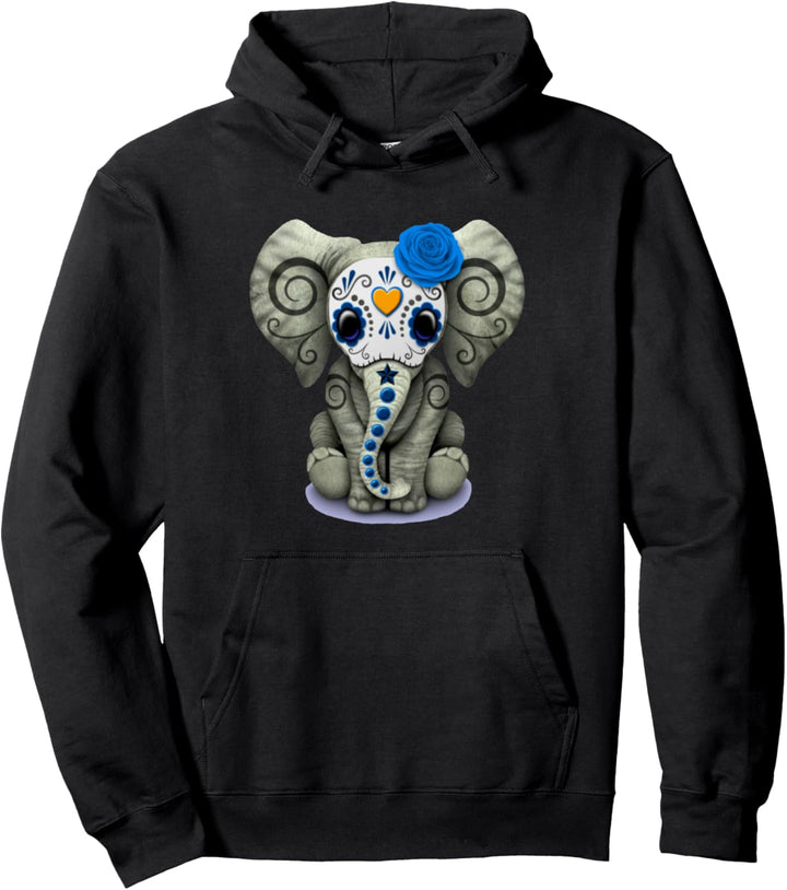 Sugar Skull Blue Rose Elephant Day Of The Dead Halloween Pullover Hoodie
