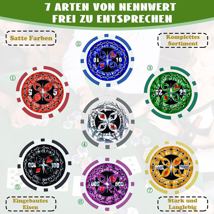 SUBTLETY Pokerkoffer Pokerset mit Aluminium Gehäuse 500 Laser Pokerchips Professionelle Poker Set in