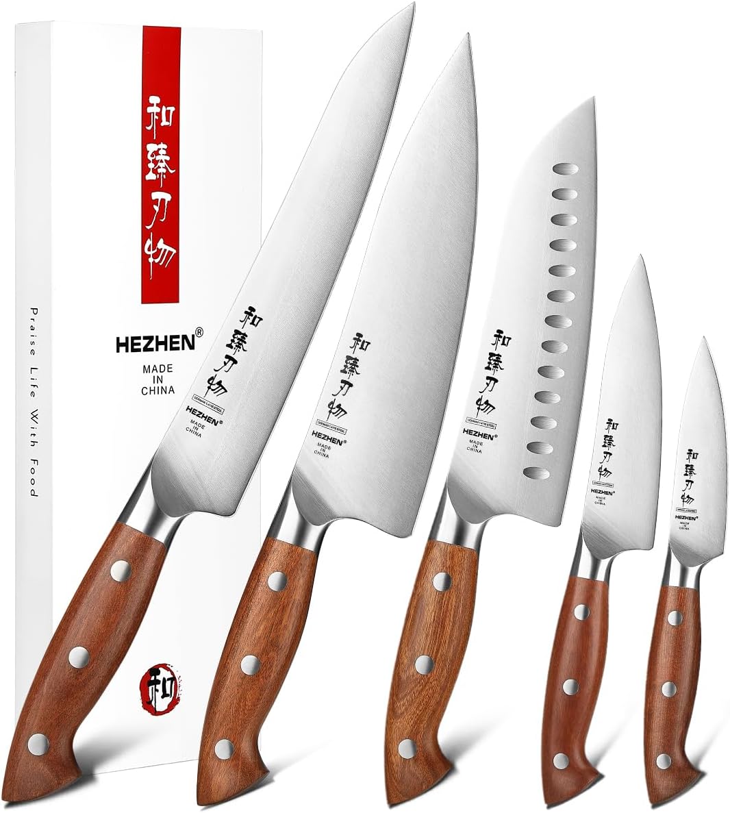HEZHEN Messerset Profi Küchenmesser Set 5-Teilig，German Stahl Kochmesser Santoku Universal Tranchier