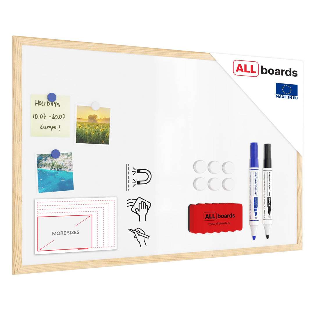 ALLboards Whiteboard mit Holzrahmen 80x50cm Magnettafel Weiss Magnetisch, Trocken Abwischbar 80x50cm