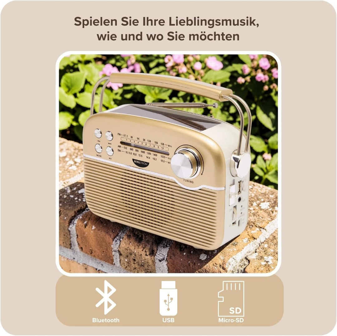 3 PAGEN® tragbares Solar-Radio Retrodesign – Solar- & Akkubetrieb – vielseitige Wiedergabeoptionen –