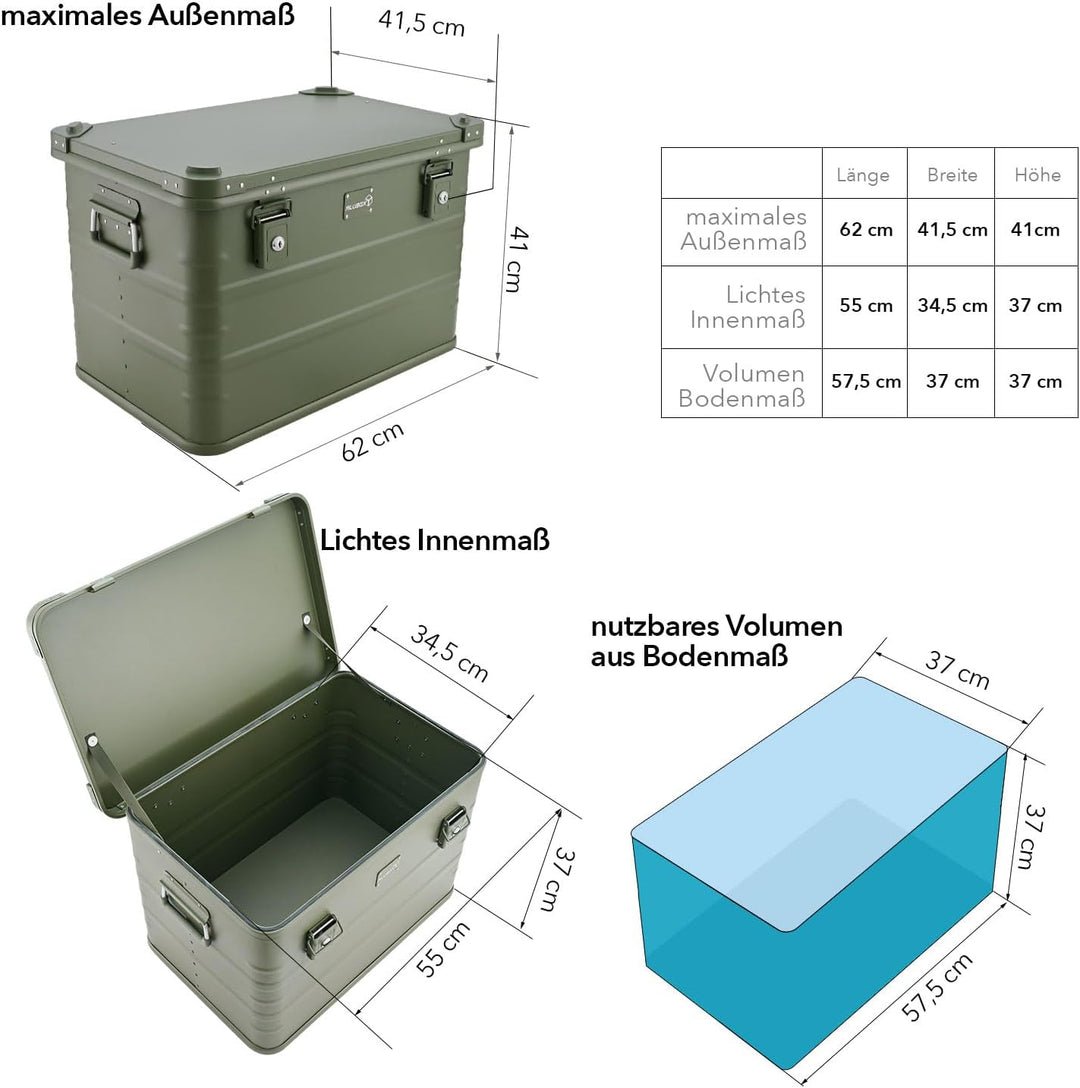 ALUBOX Alukiste abschliessbar E78G OLIVGRÜN - Premium Lagerbox 78 Liter - Materialstärke 1mm - Decke