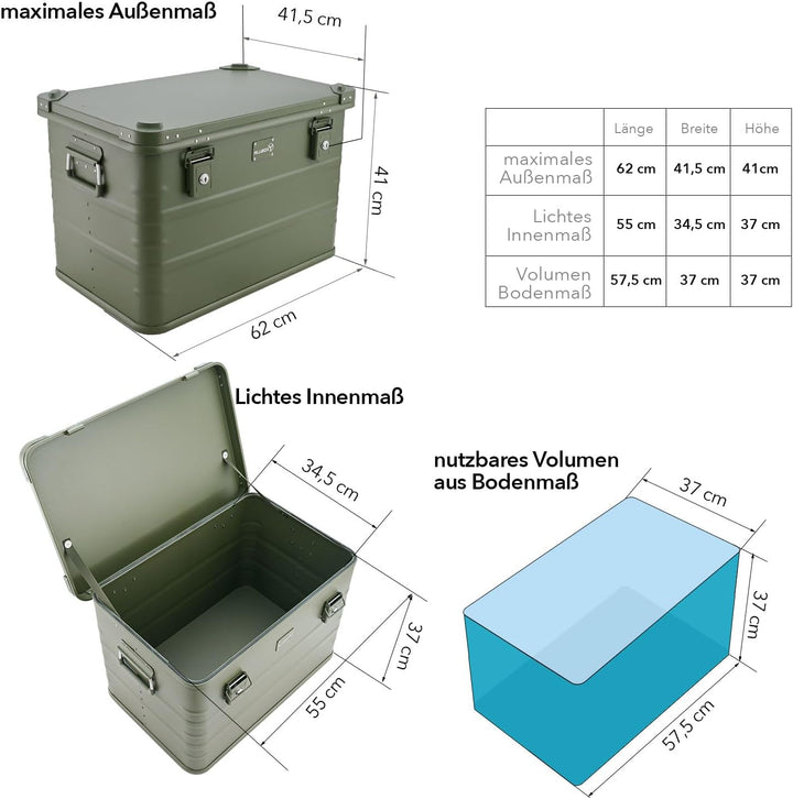ALUBOX Alukiste abschliessbar E78G OLIVGRÜN - Premium Lagerbox 78 Liter - Materialstärke 1mm - Decke