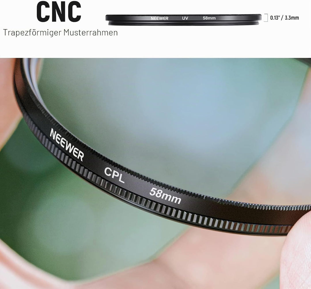 NEEWER Objektiv Filter Set 58mm UV CPL und ND Filters(ND2, ND4, ND8) FLD Filter, Tulpenförmiger Blen