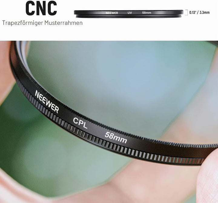 NEEWER Objektiv Filter Set 58mm UV CPL und ND Filters(ND2, ND4, ND8) FLD Filter, Tulpenförmiger Blen