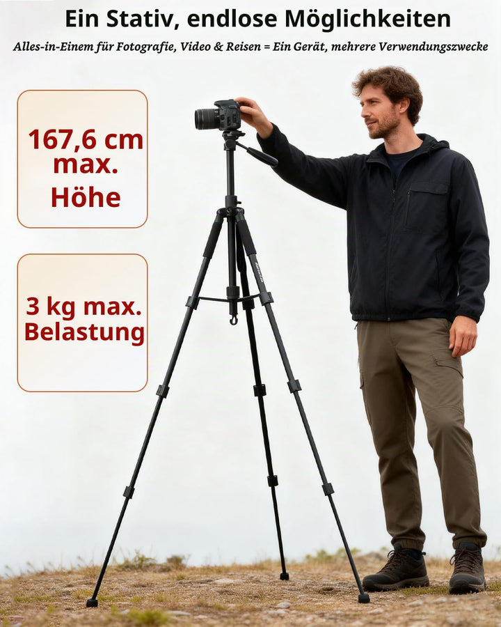 CAMBOFOTO Stativ Kamera mit Mittelsäule 167 cm für Kamera &amp; Handy | 3 kg Tragkraft, Schnellwechselpl